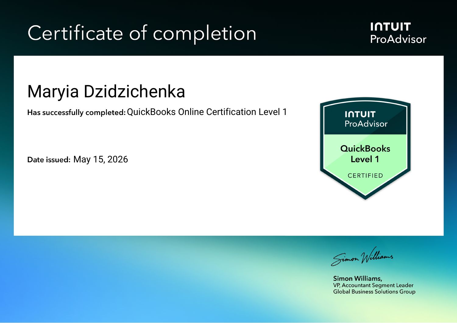 Intuit certificate of completion: QuickBooks Online Certification Level 1, May 15, 2026